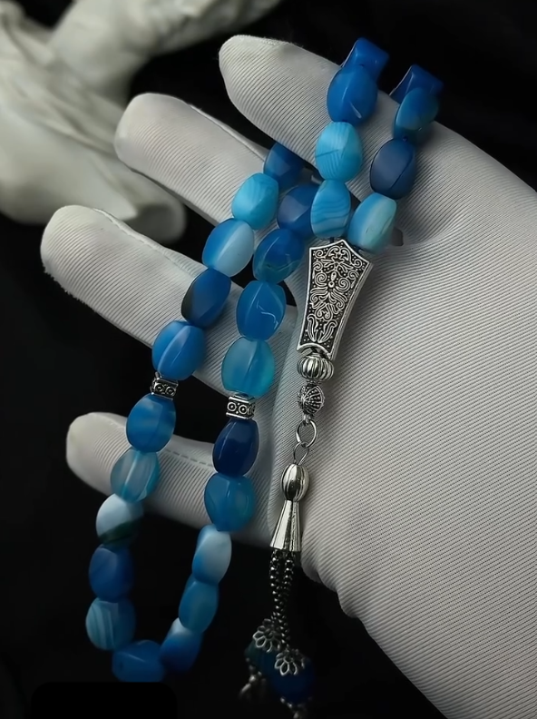 Natural Blue Agate Aqeeq gemStone  33 Beads Tasbih