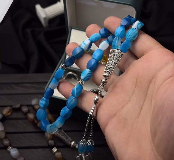 Natural Agate Aqeeq gem Stone 33 Beads Tasbih  - With Rings