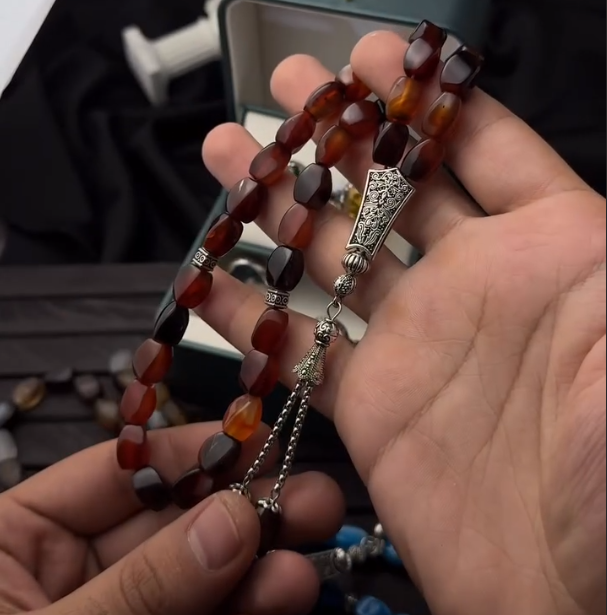 Natural Agate Aqeeq gem Stone 33 Beads Tasbih  - With Rings