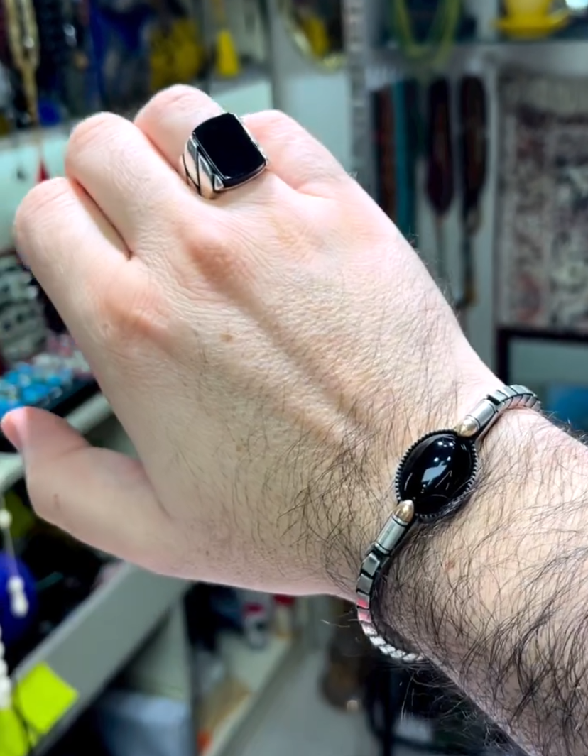 Black Zircon Stone Men's Silver Ring With Black Zircon Bracelet